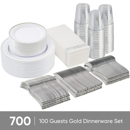 Disposable Party Dinnerware Set 350 700 Pieces Gold Silver Plastic Plates Salad Plates Cutlery Cups Napkins for 50 100 Guests Wedding Birthday Graduation Party