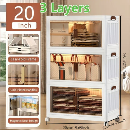 Folding Storage Cabinet 1-6 Tier Collapsible Stackable Organizer with Wheels and Lids - Extra Large Foldable Storage Locker for Closet Bedroom Office Kitchen 50CM Wide