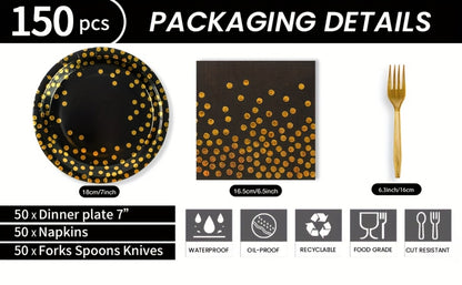 Disposable Party Supplies Set 150 Piece Black and Gold - Paper Plates, Napkins & Forks for 50 Guests, Elegant Tableware for Birthday, Wedding, Graduation & Holiday Celebrations