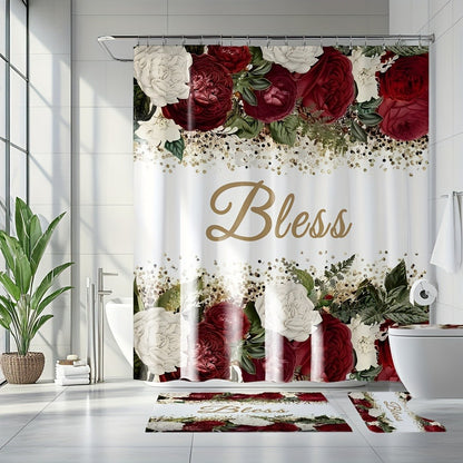 Rose Print Shower Curtain 4-Piece Bathroom Set – Toilet Lid Cover Mat Machine Washable with 12 Hooks Elegant Floral Decor