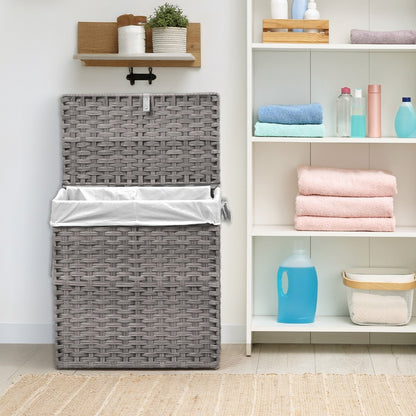 Laundry Hamper with Lid Large Capacity Woven Rattan Storage Basket, Collapsible Clothes Hamper with Handles & Removable Liner, Foldable Breathable Wicker Basket for Bedroom Home Dorm, 2 Sizes