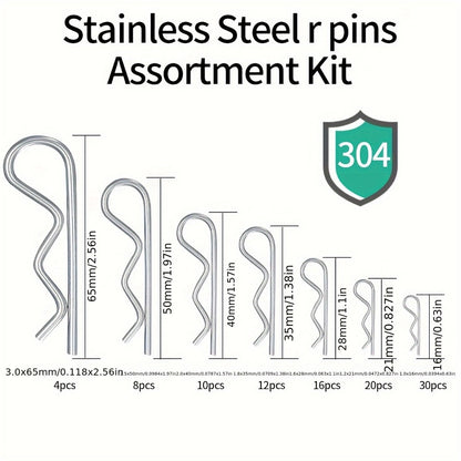 100pcs Stainless Steel R Cotter Pin Assortment Kit – R-Clip Spring Retaining Pins 7 Sizes for Trailer Hitch Automotive Marine Lawn Mower & Agricultural Machinery
