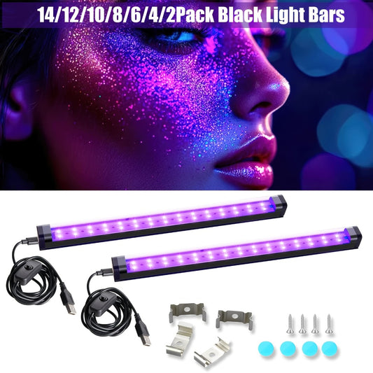 Black Light Bar UV LED Blacklight 10W 1ft - Magnetic UV Strip Light for Glow Party, Fluorescent Poster, Body Paint, Tapestry & Cabinet Display, 2/4/10/12/14 Pack Options