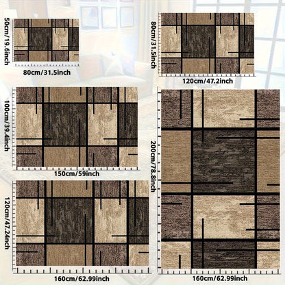 Machine Washable Area Rug Geometric Beige Brown Velvet 850 GSM Fade-Resistant Polyester Carpet for Living Room Bedroom Dining Room Office Non-Slip Rectangle Floor Rug