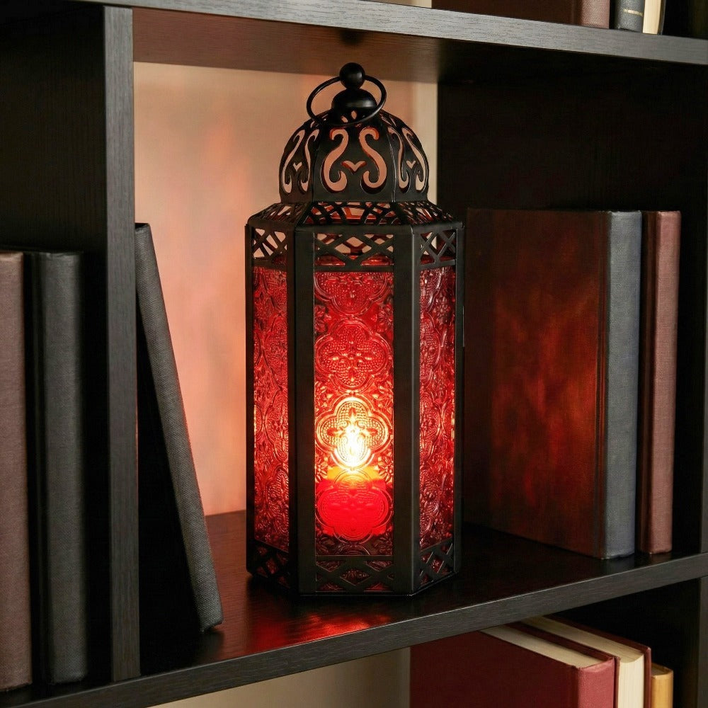 Moroccan Candle Lantern Holder - Decorative Metal & Glass Lantern with Embossed Floral Design for Indoor Home Decor, Garden, Patio, Weddings, Ramadan, Halloween & Holiday Celebrations - 10.5" Tall Medium Size