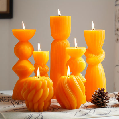 Ribbed Pillar Candles 7-Pack Large Soy Wax, Handmade Aesthetic Pillar Candle Set for Home Decor, Wedding Centerpiece, Shelf Decor, Dining Table & Housewarming Gift – White, Black, Blue, Orange with Glitter