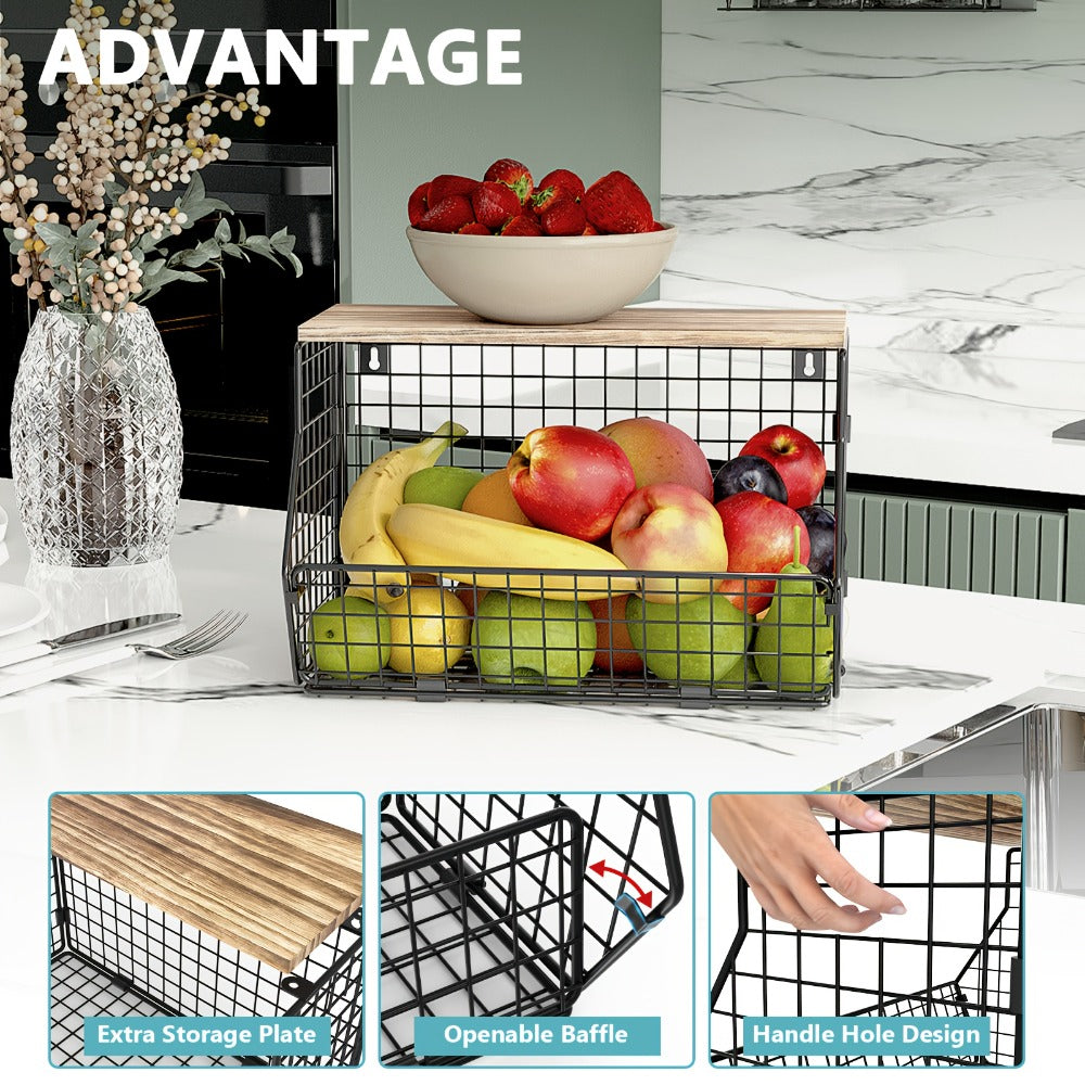 Stackable Metal Wire Fruit Basket with Lid – 1 or 2-Tier Hanging Kitchen Pantry Storage Bin, Wall-Mounted or Countertop Vegetable Organizer for Potato, Onion & Produce, Black
