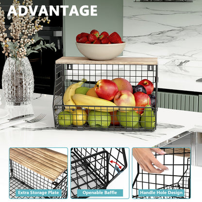 Stackable Metal Wire Fruit Basket with Lid – 1 or 2-Tier Hanging Kitchen Pantry Storage Bin, Wall-Mounted or Countertop Vegetable Organizer for Potato, Onion & Produce, Black