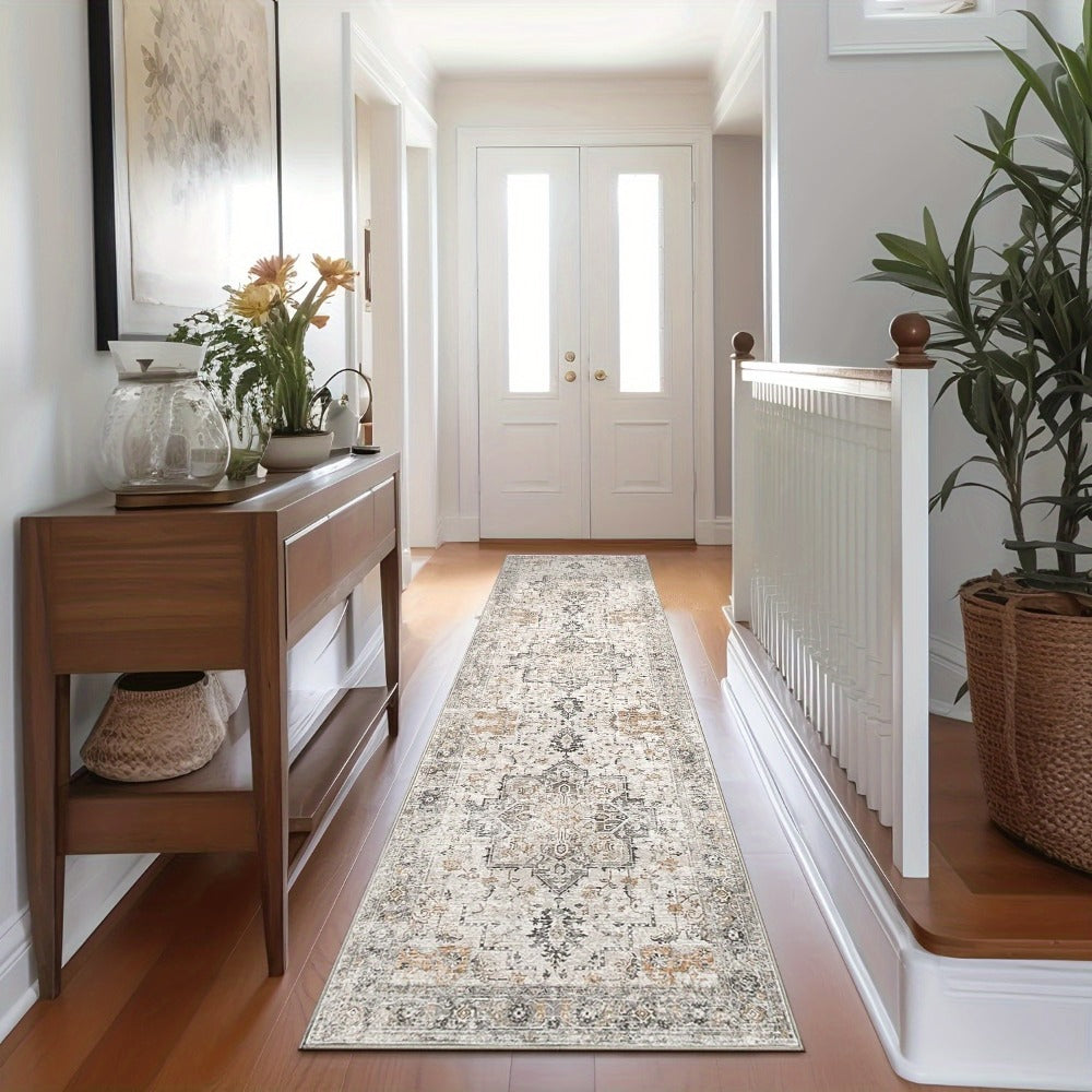 Runner Rug Machine Washable Non-Slip Vintage Hallway Area Rug Low Pile Lightweight Boho Floral for Entryway Kitchen Corridor Light Taupe Brown