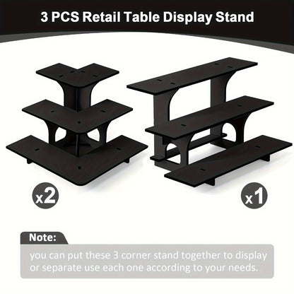 3-Tier Wooden Corner Display Stand Set of 3 Portable Shelf Rack for Retail Tabletop & Countertop - Craft Show, Farmers Market & Trade Show Small Product Display Rack, Vintage Black Wood Organizer