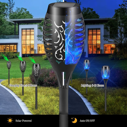 Solar Torch Lights Flickering Flame Outdoor – Auto On/Off Dancing Flame Solar Garden Lights IP54 Waterproof | Landscape Pathway Torch for Garden, Yard, Patio & Christmas Decoration | 6/8/12pcs Blue