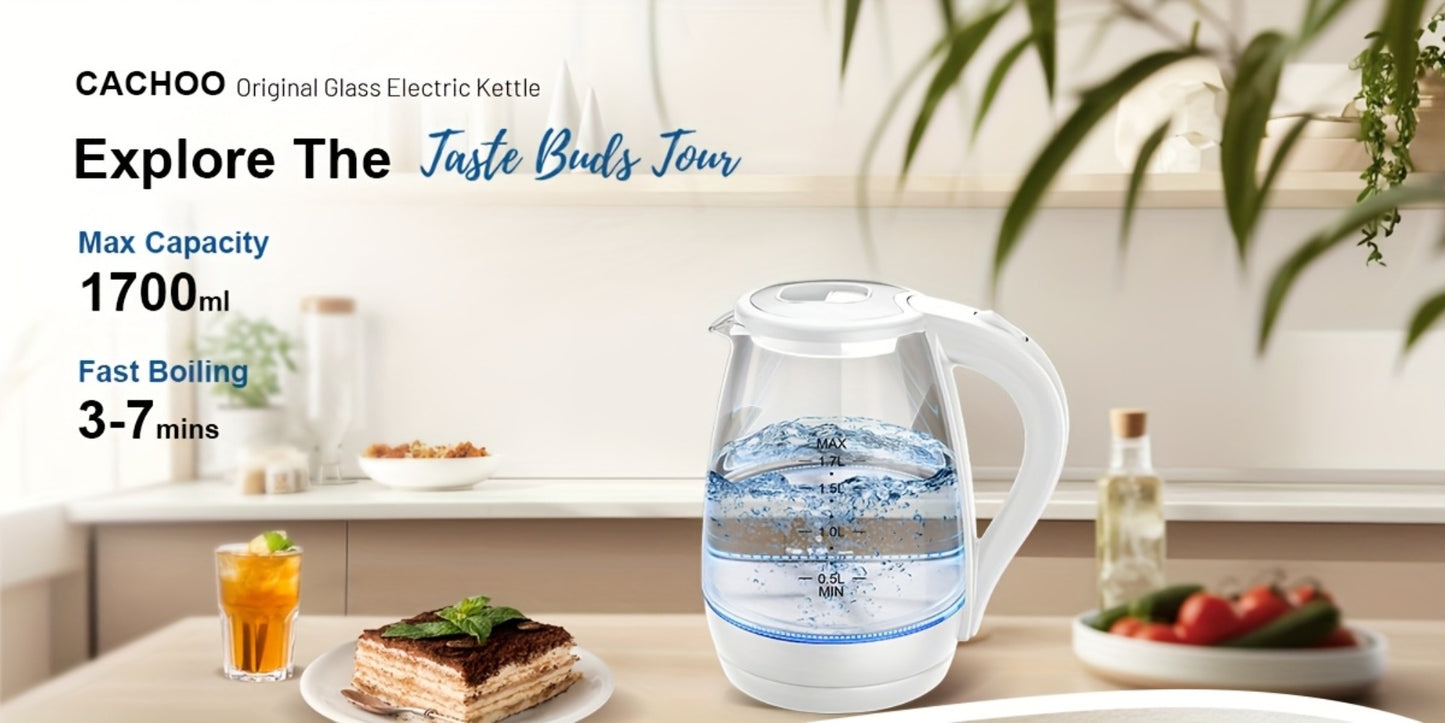 Glass Electric Kettle 1200W Borosilicate with Blue LED Glow - 57.48oz 1.7L Fast Boil BPA-Free Auto Shut-Off Boil-Dry Protection, Transparent Electric Tea Kettle for Home Office RV Camping Kitchen Gift