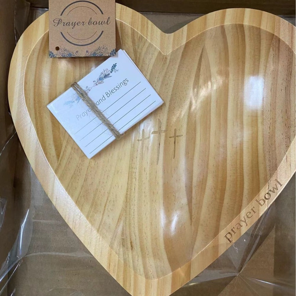Wooden Prayer Bowl with 24 Prayer Cards – Hand-Carved Heart Shaped Cross Engraved Vintage Religious Gift Set for Easter, Christmas, Thanksgiving, Home Altar & Prayer Room Tabletop Decor