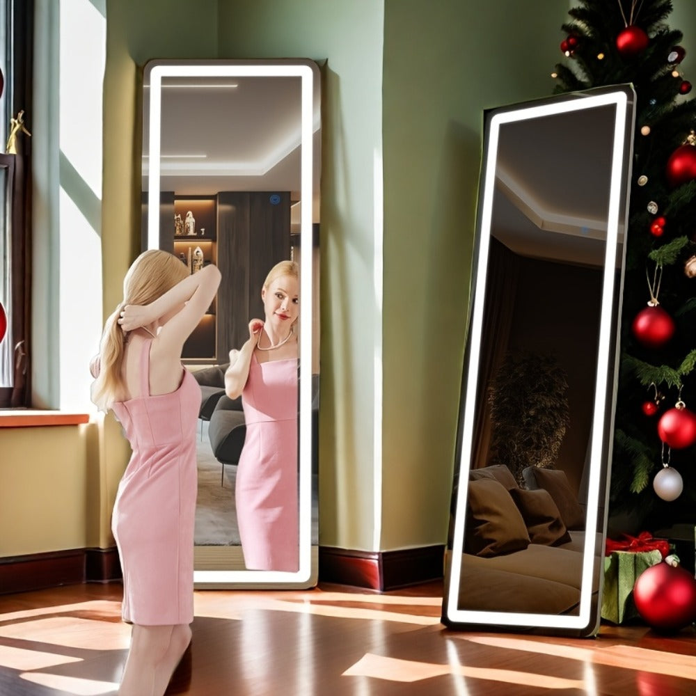 Full Length Mirror with LED Lights & Touch Sensor – 64"x21" Dimmable Smart Floor Mirror, Wall Mount or Freestanding, Slim Modern Frame for Bedroom, Vanity & Dressing Room
