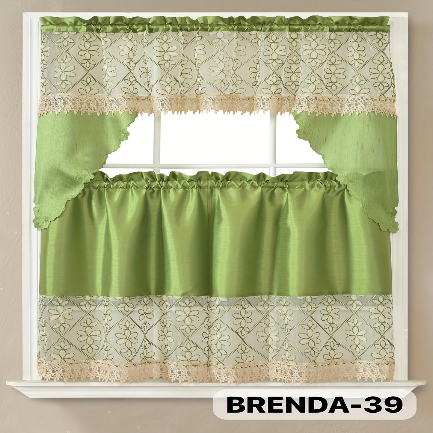 Kitchen Curtains 3 Piece Set Embroidered Satin Valance and Tiers - Rod Pocket Light Filtering Machine Washable 46 Colors Available All Season Home Decor