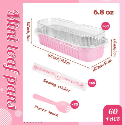Mini Loaf Pans 60pcs Aluminum Foil Rectangular with Lids and Spoons 6.8oz Mini Cheesecake Containers Individual Portion Baking Pans for Desserts Gifts Pink