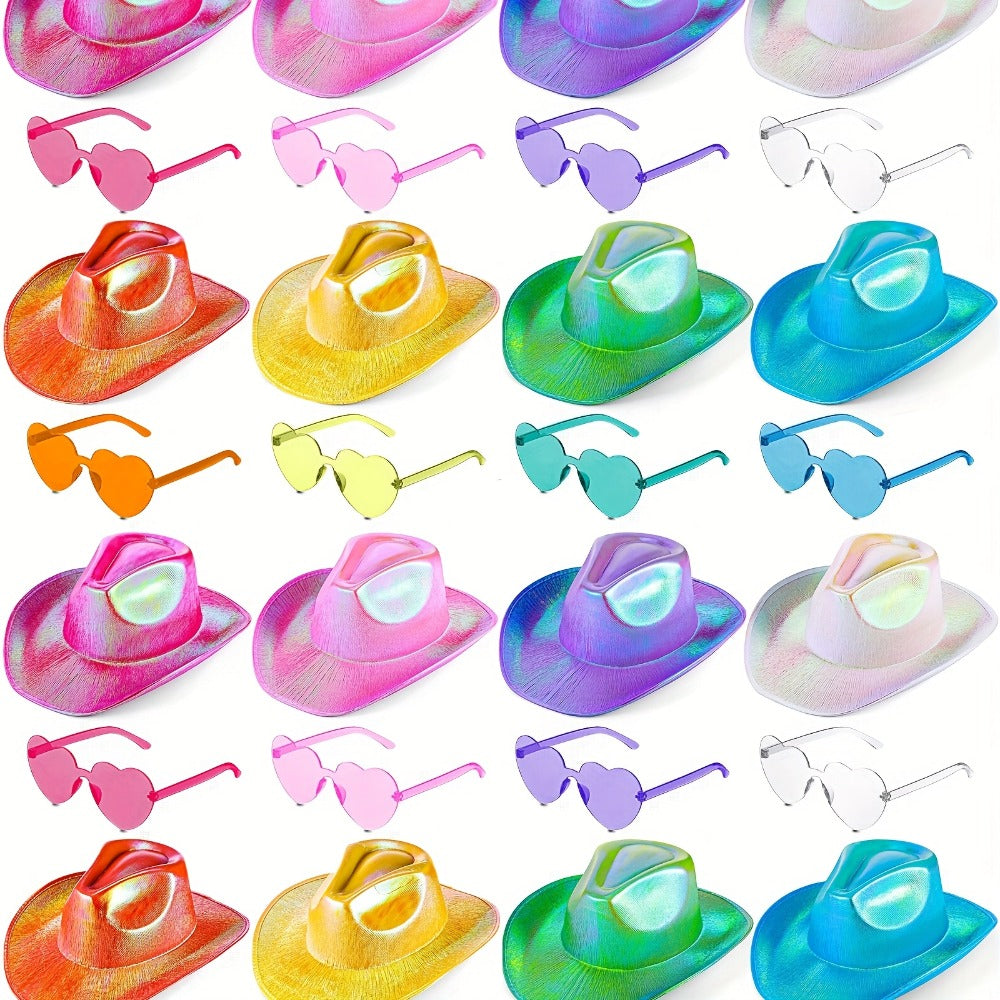 Space Cowgirl Holographic Hat & Rimless Heart Glasses Set 32 Pcs – Sparkly Party Costume Accessories