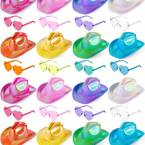 Space Cowgirl Holographic Hat & Rimless Heart Glasses Set 32 Pcs – Sparkly Party Costume Accessories