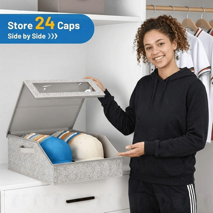 Baseball Cap Organizer for Closet – Large Hat Storage Box Holds 24 Ball Caps | Clear Window, Dustproof, Cardboard Inserts | Hat Rack Holder for Men & Women Bedroom Closet & Car