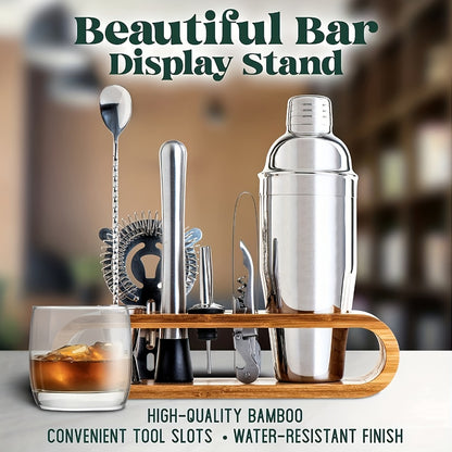 Bartender Kit 10 Piece Stainless Steel Bar Tool Set with Bamboo Stand Cocktail Shaker Mixing Spoon Strainer Jigger Home Bar Accessories Perfect Housewarming Gift for Fathers Day