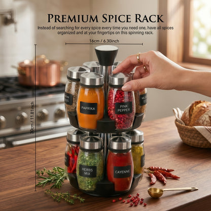 Glass Spice Jar Set with Rotating Rack – Airtight Kitchen Spice Organizer with 360° Stainless Steel Stand – Food Grade Glass Seasoning Bottles for Pantry, Cabinet & Countertop Storage – 6 or 12 Piece
