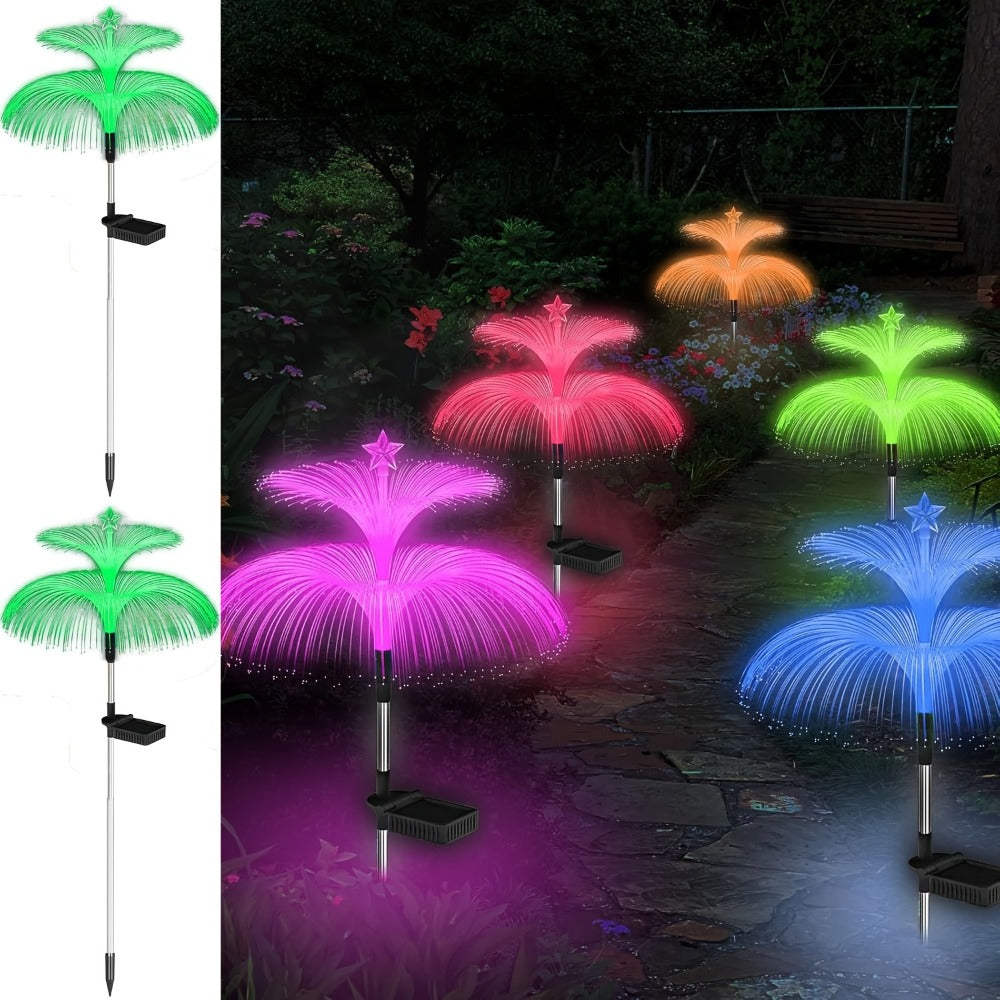 Solar Christmas Tree Lights Fiber Optic Star, 7-Color LED IP65 Waterproof Garden Stake Lights — 2 or 5 Layer Star for Lawn, Pathway, Patio & Holiday Decor | 2, 4 or 6 Pack