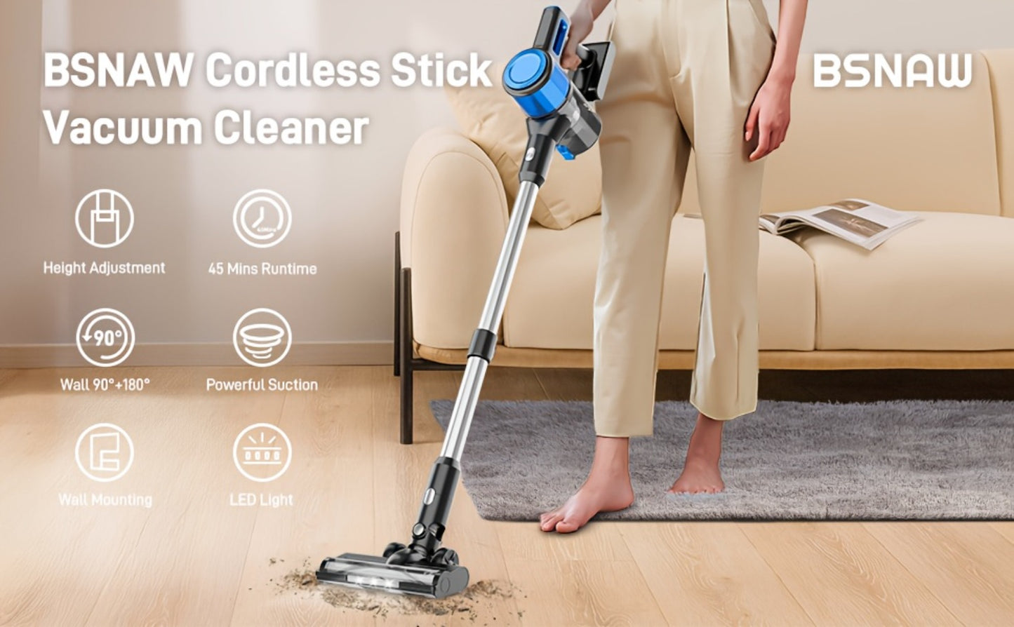 Cordless Stick Vacuum Cleaner 56-68Kpa – Lightweight 8-in-1 Handheld Vacuum with Rechargeable Battery, 45 Min Runtime for Hard Floors, Carpets & Pet Hair