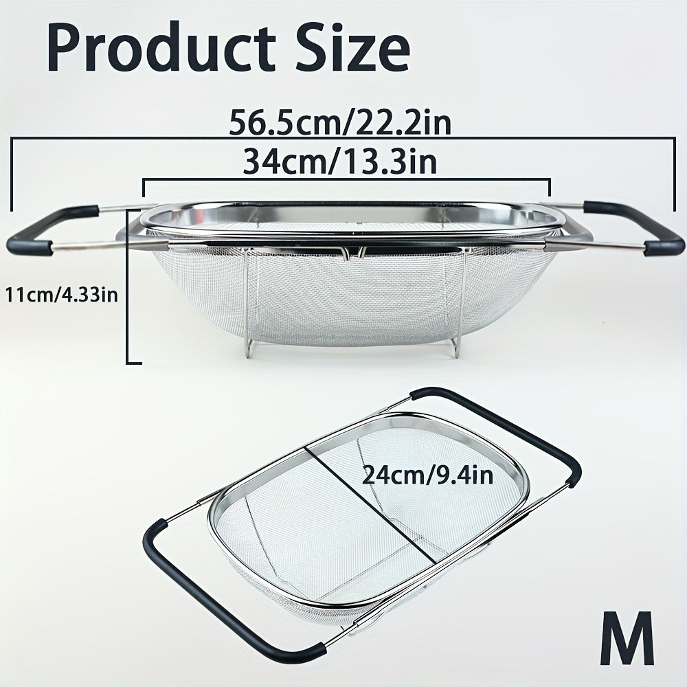 Expandable Sink Colander Stainless Steel – Over the Sink Strainer Basket with Fine Mesh & Rubber Grip, Adjustable Kitchen Drain Strainer for Vegetables, Fruits & Pasta, Small & Large Size