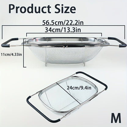 Expandable Sink Colander Stainless Steel – Over the Sink Strainer Basket with Fine Mesh & Rubber Grip, Adjustable Kitchen Drain Strainer for Vegetables, Fruits & Pasta, Small & Large Size