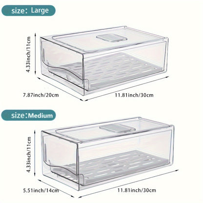 Stackable Fridge Organizer Bins with Drawer, BPA-Free Refrigerator Storage Containers with Drain Board & Ventilation, Clear Food Storage Bins for Kitchen Pantry Freezer, Set of 2