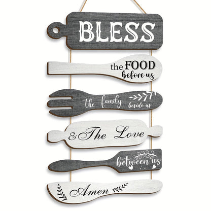 Farmhouse Wall Decor Wood Sign Set - "Bless The Food Before Us" Rustic Kitchen Dining Room Hanging Plaque, 6-Piece Rope Wood Board Art, Housewarming Thanksgiving Gift for Home