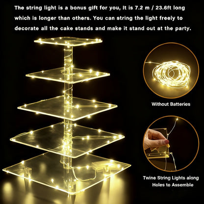 5-Tier Acrylic Cupcake Stand with LED String Lights – Square Dessert Display Tower for 60 Cupcakes Birthday Wedding Baby Shower Tea Party Elegant Transparent Cake Display Rack Easy to Assemble