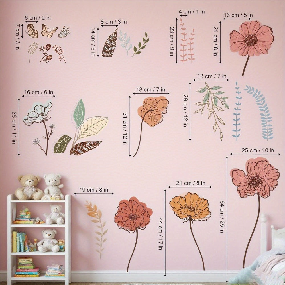 Bohemian Floral Wall Decals Self-Adhesive Wildflower Stickers for Living Room Bedroom TV Wall Art Decor – Flowers & Fruits Peel and Stick Removable Wall Stickers Home Decoration
