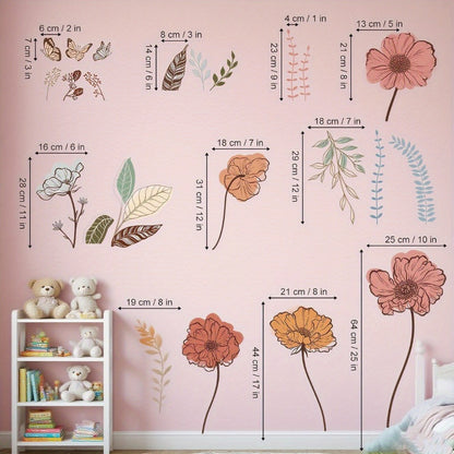 Bohemian Floral Wall Decals Self-Adhesive Wildflower Stickers for Living Room Bedroom TV Wall Art Decor – Flowers & Fruits Peel and Stick Removable Wall Stickers Home Decoration