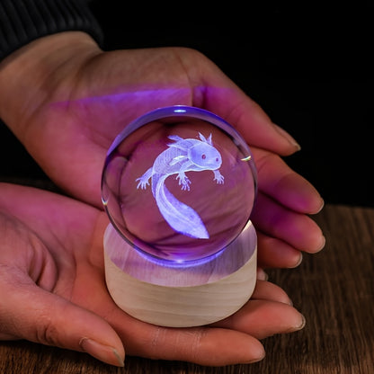 3D Axolotl Crystal Ball Night Light – USB Powered LED Colorful Gradient Glow Orb Atmosphere Lamp with Bamboo Base, Amphibian Figurine Desk Light for Home Decor, Bedroom, Kids Room & Unique Gift (2.36in)