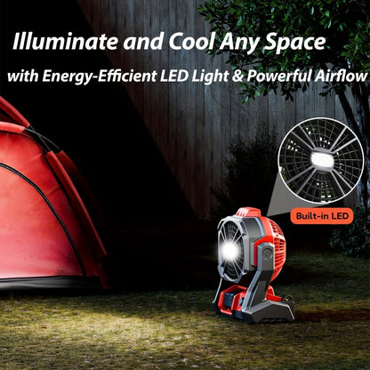 18V Battery Operated Cordless Fan Compatible with Milwaukee M18 Red Battery LED Light Variable Speed 180 Degree Tilt Hook for Hanging Camping Job Site Fan Red Battery Not Included