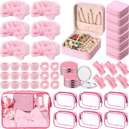 Spa Party Favors Set 48pcs for Women – Sleepover Party Supplies with Headband, Wristband, Scrunchies, Hair Clip, Jewelry Case, Makeup Bag & Mirror, Bridesmaid Proposal Gift, Girls Night Return Gifts