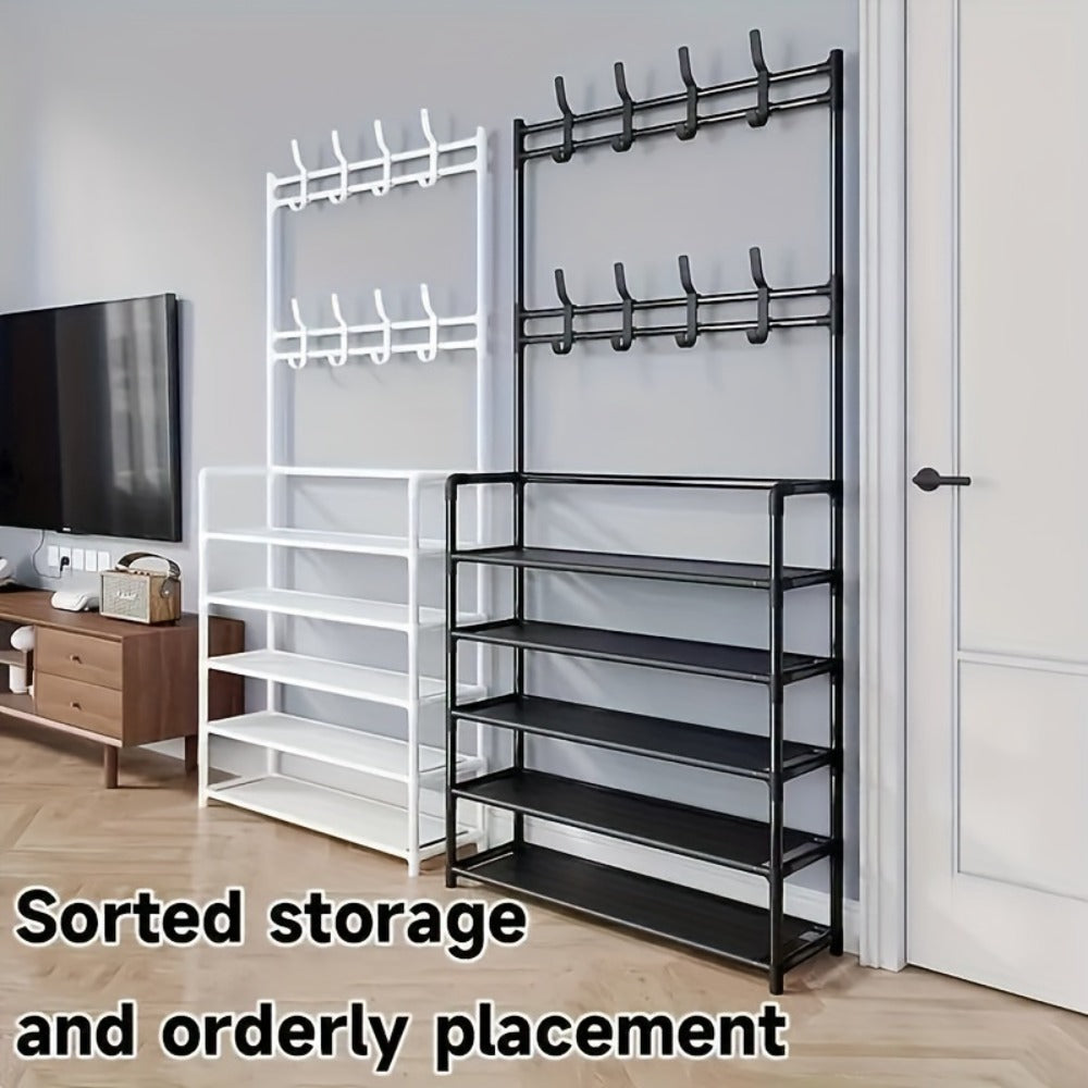 Shoe Rack Organizer with 8 Double Hooks & Multi-Layer Storage Shelves – Floor Standing Coat Hat Holder for Entryway Bedroom Living Room
