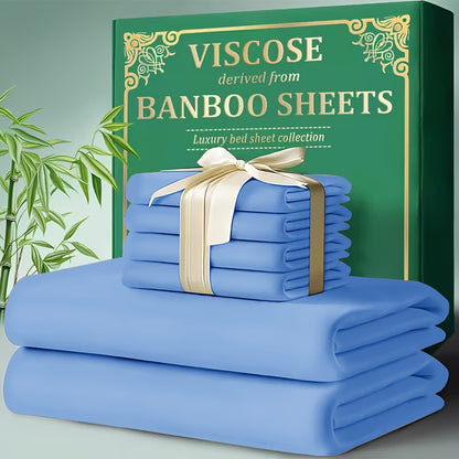 Bamboo Cooling Bed Sheet Set 4pcs - Ultra Soft Breathable Deep Pocket Fitted Sheets, 2200TC Cooling Fabric, Shrink & Wrinkle Resistant, All-Season Bedding