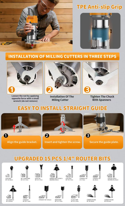 Wood Router Edge Trimmer 800W 6.1Amp Compact Hand Router Tool 35000RPM with Variable Speed, 1/4" Collet, Router Bit Set for Woodworking Slotting Carving Edge Treatment DIY Projects