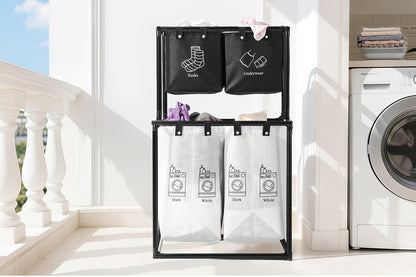 Laundry Sorter 2 Compartment Hamper – 2-Tier Metal Frame Laundry Hamper with Handles, Breathable Mesh Bags & Cable Ties – Space-Saving Clothes Organizer for Home, Bedroom & Apartment