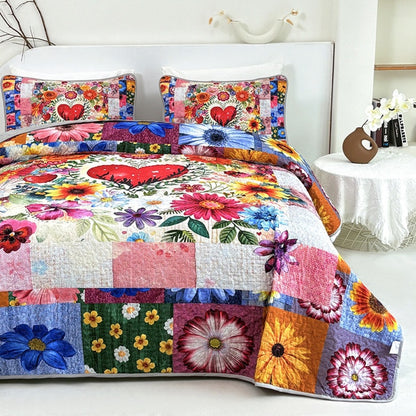 Comforter Set 2 3 Piece Colorful Floral Print Quilt with Pillowcases, Soft Breathable Hypoallergenic Machine Washable Quilted Bed Cover for Twin Full Queen King, Boho Flower Bedding Room Decor