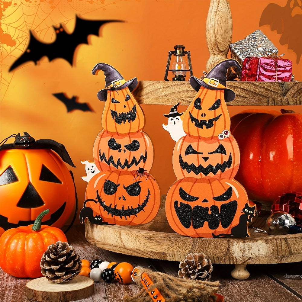 Halloween Tiered Tray Decor Set of 2 – Glittery Wooden Pumpkin Stack with Witch Hat, Spooky Centerpiece for Autumn & Fall Home Decoration, Halloween Tabletop Ornament & Seasonal Tiered Tray Accessory