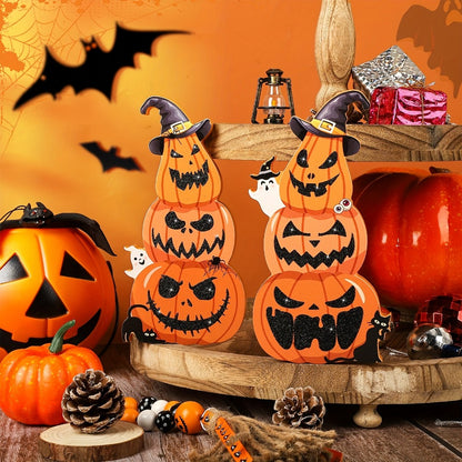 Halloween Tiered Tray Decor Set of 2 – Glittery Wooden Pumpkin Stack with Witch Hat, Spooky Centerpiece for Autumn & Fall Home Decoration, Halloween Tabletop Ornament & Seasonal Tiered Tray Accessory