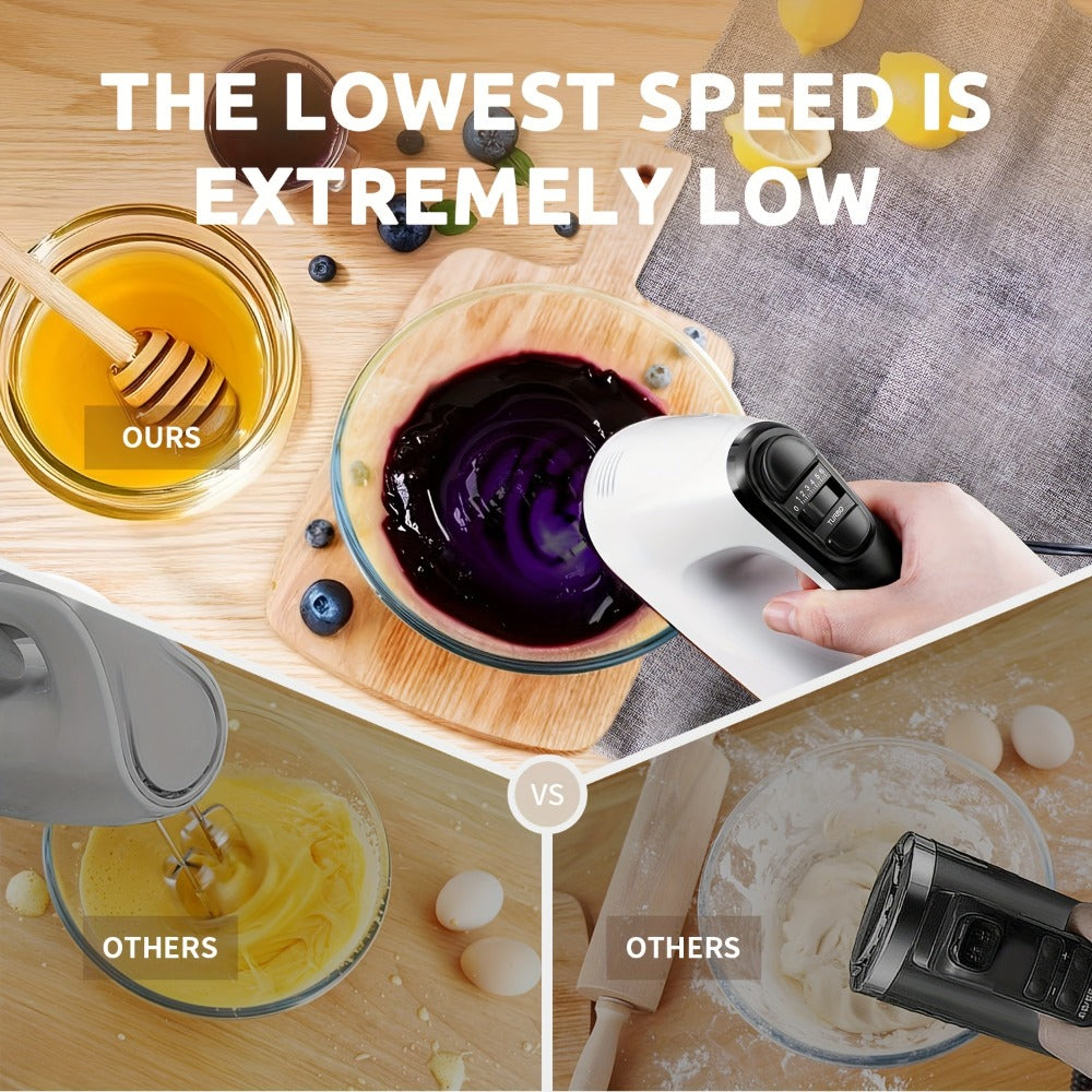 Electric Hand Mixer 6 Speed & Turbo with 5 Stainless Steel Accessories & Snap-On Storage Case – Handheld Mixer for Whipping Cream Beating Eggs Mixing Cookie Cake Brownie Dough Batter | White Silver
