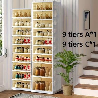 Shoe Rack Organizer 9-Tier, Collapsible Clear Plastic Foldable Stackable Shoe Cabinet with Shelves & Doors — No Assembly, Space-Saving Narrow Storage for Hallway, Apartment & Small Spaces