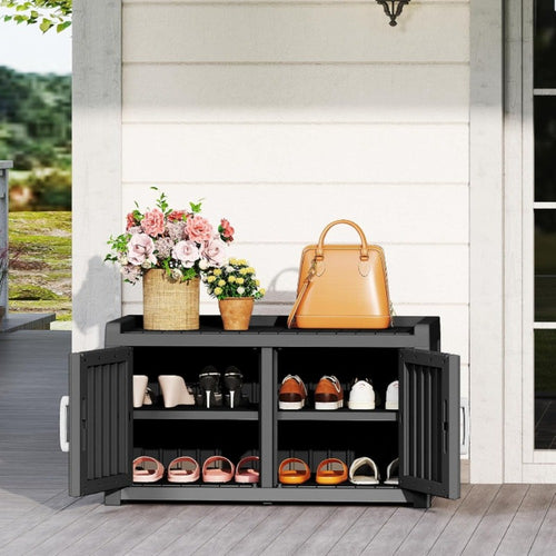 Shoe Storage Bench with Hidden Cabinet Entryway Bench All-Weather Resin Indoor Outdoor Porch Patio Mudroom Hallway Organizer