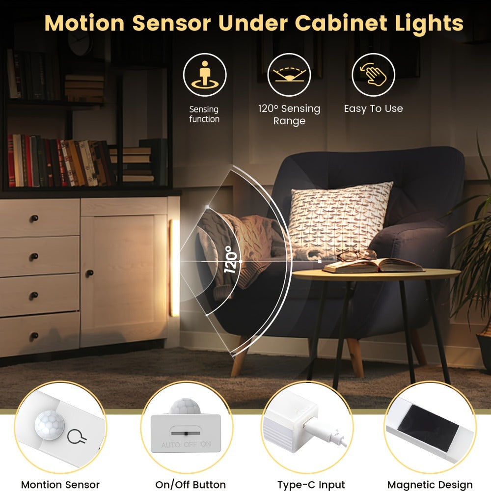 Motion Sensor Light 3 Pack USB Rechargeable LED Cabinet Light Dimmable 3 Color Temps Magnetic Base for Kitchen Closet Stairs Hallway Bedroom 7.87" 11.81"