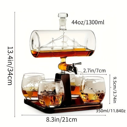 Whiskey Decanter Set with Glasses and Wooden Stand Ball Globe 28oz or Sailboat 44oz Etched Crystal Glass Cups for Whiskey Bourbon Scotch Birthday Wedding Anniversary Gift