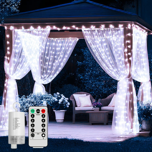 Curtain Lights for Gazebo Outdoor, 330 LED 10ft x 10ft Waterfall Fairy Lights Battery Operated with Remote, IP65 Waterproof Hanging String Lights with 8 Modes for Bedroom Porch Patio Wedding Decoration